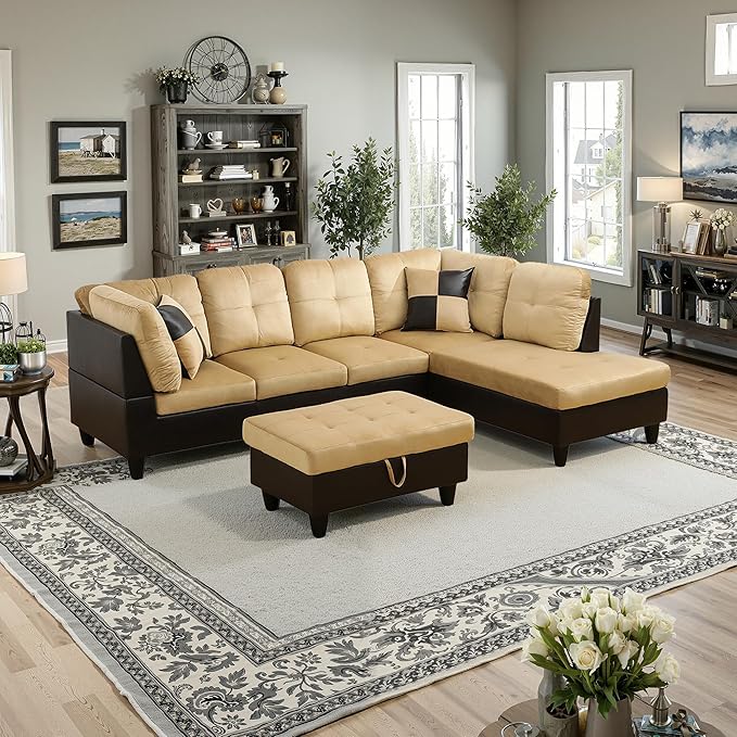 NicBex Sectional Couch 3 Pieces Sofa Set with Left Chaise Lint PVC L Shaped Cloud Couch for Living Room Furniture Sets with Storage Ottoman, Modular Sofa for Living Room & Apartment, Beige+Black