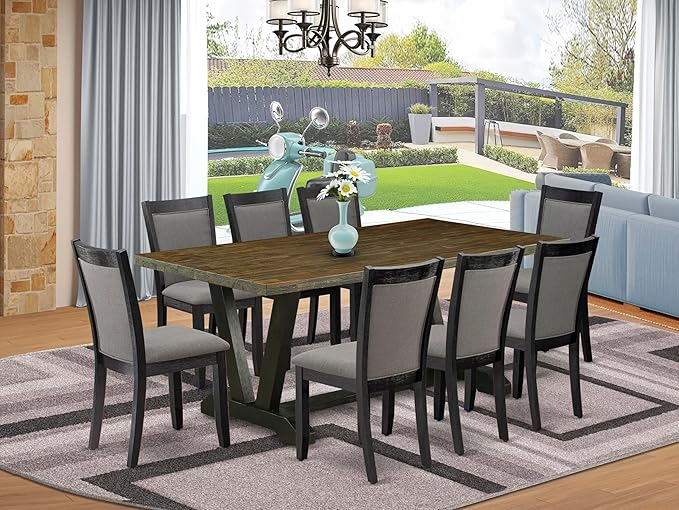 East West Furniture V677MZ650-9 9 Piece Dining Set Includes a Rectangle Dining Room Table with V-Legs and 8 Dark Gotham Grey Linen Fabric Upholstered Chairs, 40x72 Inch, Multi-Color