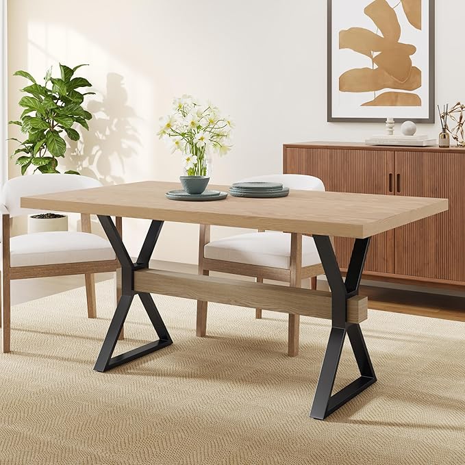 Christopher Knight Home Keyats 63 Inch Dining Table for 6 People, Modern Farmhouse Kitchen Table with X-Shaped Metal Legs, Rectangular Dinner Furniture for Dining Room, Home Office, Light Ash