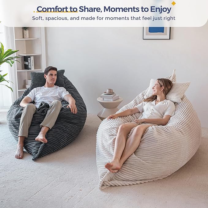 MAXYOYO Giant Bean Bag Chair with Pillow, 3 in 1 Convertible Bean Bag Chair for Adults with Washable Cover, Removable Floor Cushion Stuffed Floor Lounger for Living Room Bedroom, Dark Grey, Full