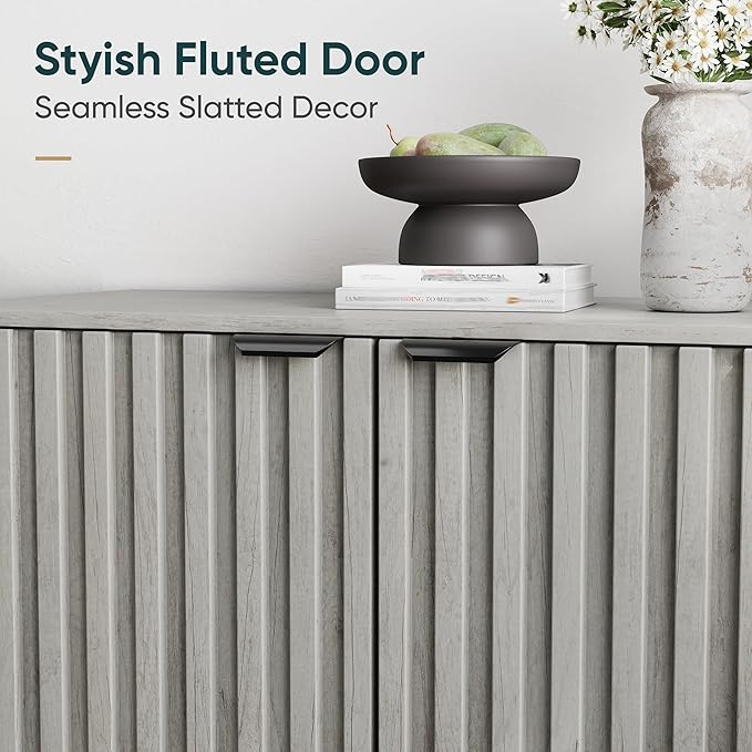 Semiocthome Gray Buffet Cabinet with Storage, Sideboard with Fluted Doors and Metal Legs, Storage Cabinet with Adjustable Shelf, Accent Table for Living Room, Dining Room, Kitchen, Entryway