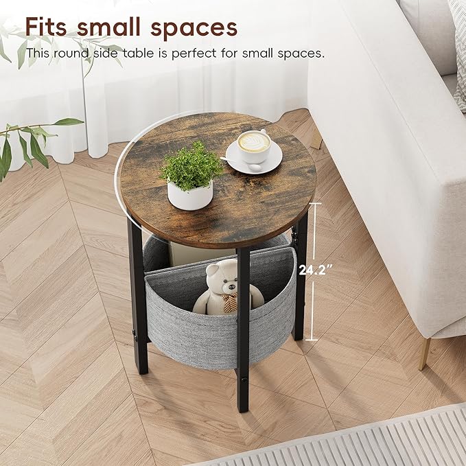 Vagusicc Small Round Side Table, Accent End Table with Storage Basket, Set of 2 Half Round Tables End Table, Coffee Bedside Table Half Moon Tables, Modern Nightstand for Living Room Bedroom, Brown