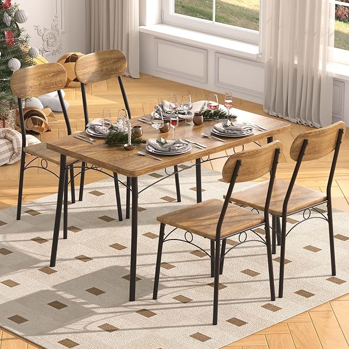 VECELO Kitchen Table Chairs Set for 4, 5 Piece Wood Dining Room Table with 4 Chairs, Perfect for Small Spaces, Compact Kitchen, Breakfast Nook, Brown