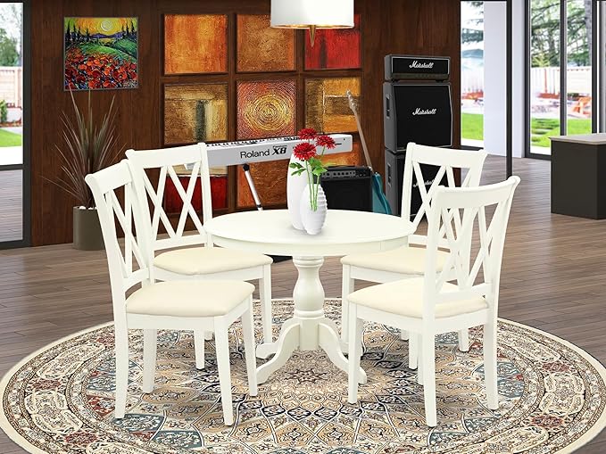 East West Furniture HBCL5-LWH-C 5 Piece Dining Table Set for 4 Includes a Round Kitchen Table with Pedestal and 4 Linen Fabric Dining Room Chairs, 42x42 Inch, Linen White