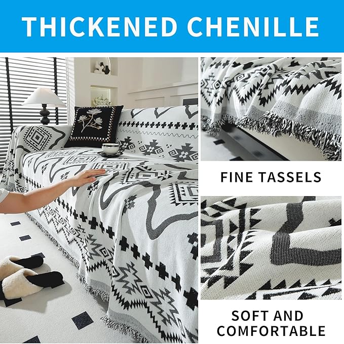 LUFEIJIASHI Boho Couch Covers for Sofa Non Slip Sofa Covers Washable Couch Covers for 3 Cushion Couch Sofa Pet Friendly Sectional Couch Cover Blanket Furniture Protector for Dogs (Black, 91"x150")