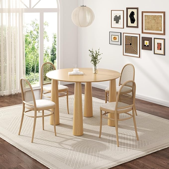 Casaphoria 45" Round Dining Table, Kitchen Table for 6 with Arc-Shaped Edge Top and Cylindrical Legs, Easy Assembly for Living Room, Dining Room, Oak