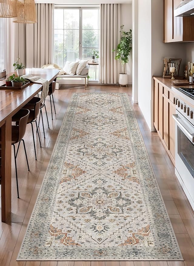 Tangsoo 2x10 Washable Runner Rug for Hallways, Non Slip Vintage Runner Rug, Soft Low Pile Long Runner, Print Distressed Taupe Carpet Runners for Kitchen Bedroom Entryway Bathroom Living Room