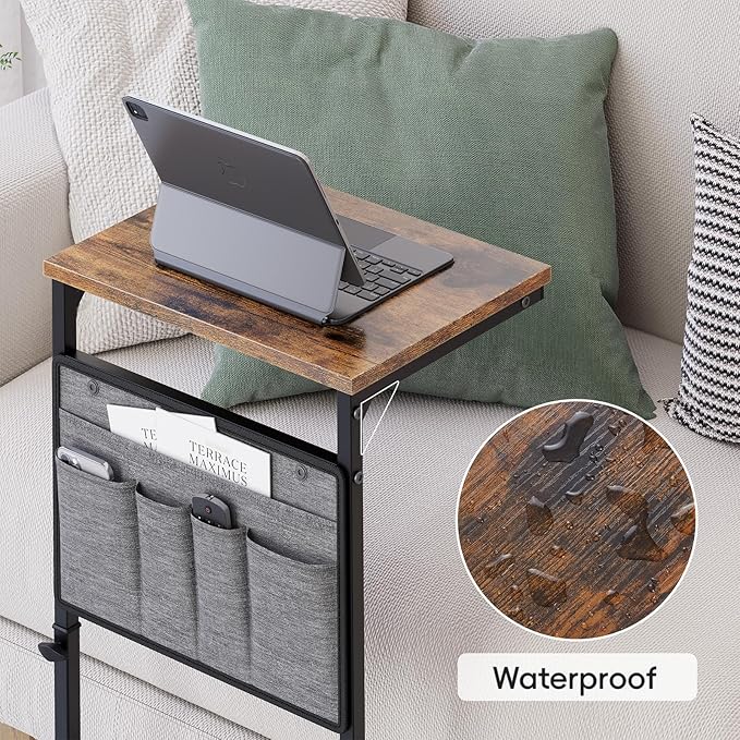 Vagusicc C Shaped End Table, 33'' Tall Side Table for Couch, Adjustable Height Small Couch Side Table for Small Spaces, End Table Slide Under Sofa Table TV Tray Table Arm Table for Living Room, Brown