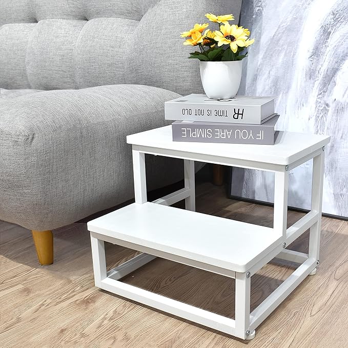 Nursery Step Stool, Wooden and Metal Foot Stool for Adult Kid, Steps for High Beds with Round Corners, Small Stepping Stool for Bedroom Kitchen, Load 500 LB, White