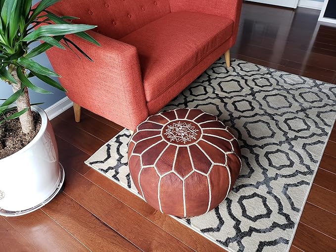 Stuffed Round Design Moroccan Leather Pouf Ottoman, Handmade, Pre-Filled, 100% Genuine Leather, 13” Height x 20” Diameter, Footstool & Living Room Décor (Dark Tan)