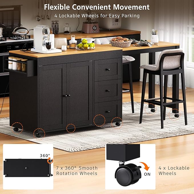 Ball & Cast 74.8" Kitchen Island with Extendable Dining Table,Kitchen Storage Cart W/Power Outlet and 3 Drawers,Rolling Kitchen Island on Wheels W/Spice Rack & 2 Door Cabinet,for Kitchen,Black