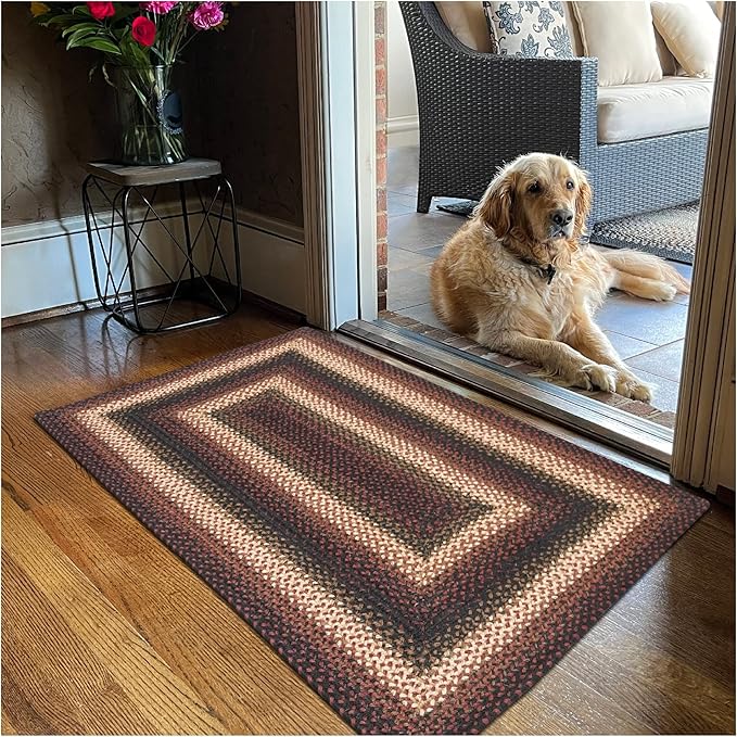 Prescott Jute Braided Rugs 20x30 - Primitive Black and Burgundy Rug for Entryway, Kitchen and Bathroom