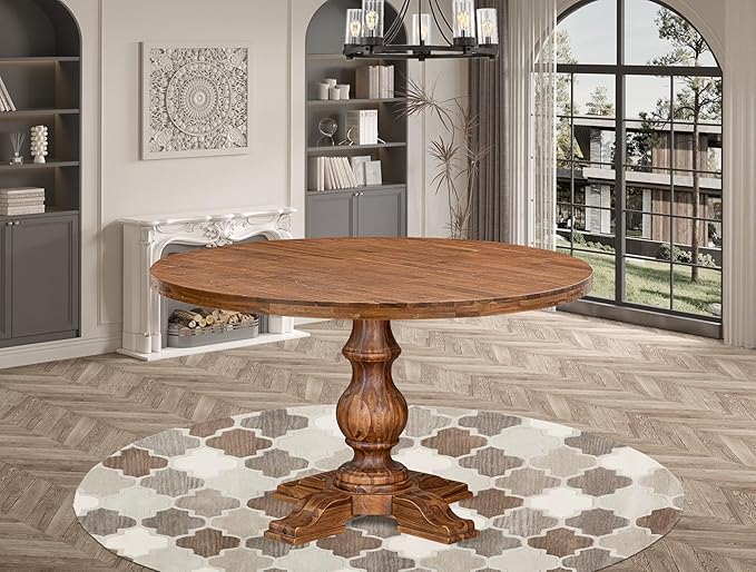 I55-0N-TP Modern Dining Table with Acacia Wood Round Tabletop and Stylish Pedestal Base - Antique Walnut Finish