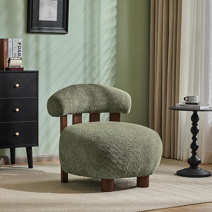 Christopher Knight Home Elvina Boucle Fabric Accent Chair, Solid Wood Single Lounge Sofa, Bedroom Comfy Reading Chair, for Modern Minimalist Style Living Room/Home Office, Olive Green