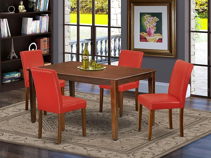 East West Furniture CAAB5-MAH-72 5 Piece Dining Set Includes a Rectangle Dining Room Table and 4 Firebrick Red Faux Leather Upholstered Chairs, 36x60 Inch, Mahogany
