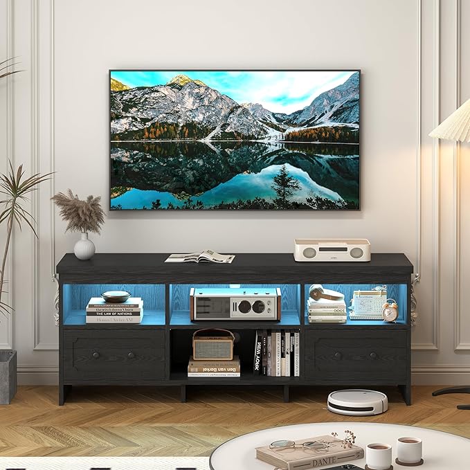 IRONCK TV Stand for 65 Inch TV, 63" LED Entertainment Center with Storage Cabinets, Power Outlets and Open Shelf, Media Console TV Cabinet with Drawers for Living Room, Black