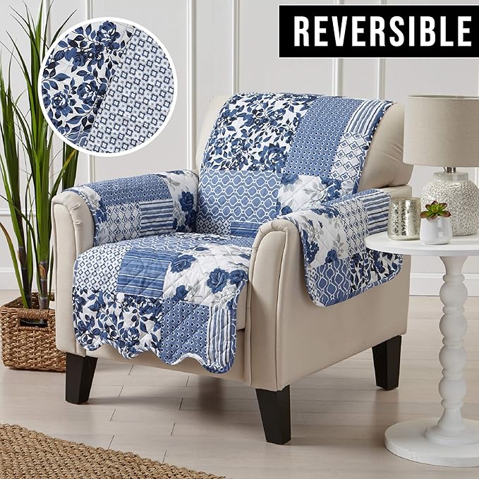Great Bay Home Patchwork Scalloped Printed Furniture Protector Stain Resistant Chair Cover (Chair, Navy)