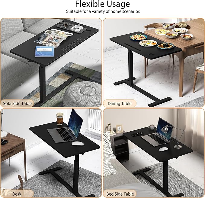 Home Office Desks Height Adjustable with 360° Moveable Hidden Wheels,Multifunctional Pneumatic Laptop Desk Suitable for Sofa、Bedside、Study and Work Use,Black