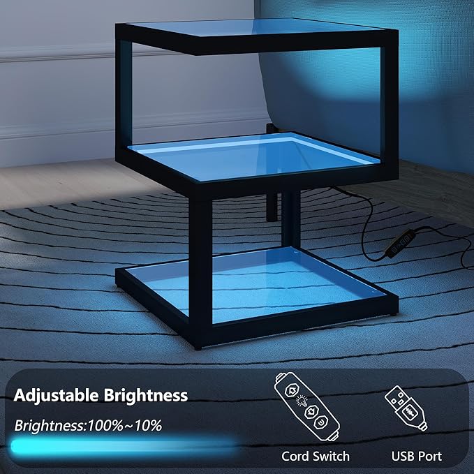 3-Tier Glass Table with LED Strip, Unique S-Shaped Design SideTable, Moderen Black Deco Table for Living Room and Bedside Room