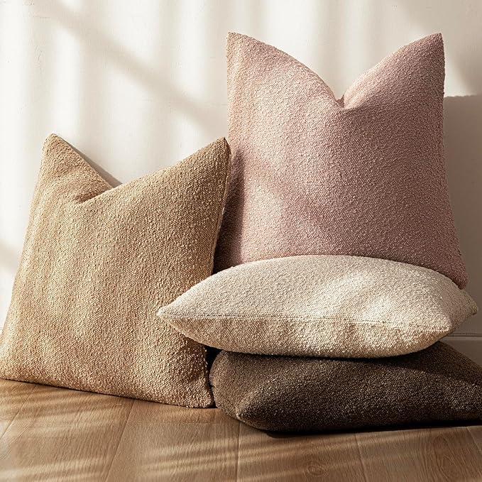 Foindtower Set of 2, Decorative Textured Boucle Throw Pillow Covers Accent Solid Pillow Cases Neutral Soft Cozy Couch Cushion Case for Chair Sofa Bedroom Living Room Home Decor 26 x 26 Inch Light Pink