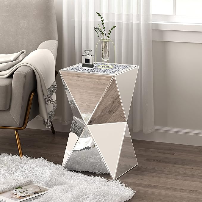 ENENE Mirrored Diamond Setting End Table Glass Decorative Side Table for Living Room Small Spaces Coffee Table Modern Pedestal Accent Table for Bedroom Office Hallway Entryway