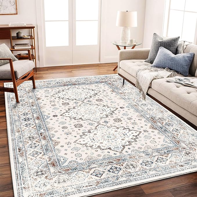 Washable Area Rug 8x10 Retro Flowers Boho Design Non-Shedding Easy Care Ideal for High Traffic Areas in Living Room Bedroom Office Coffee Table Kitchen Large Carpet