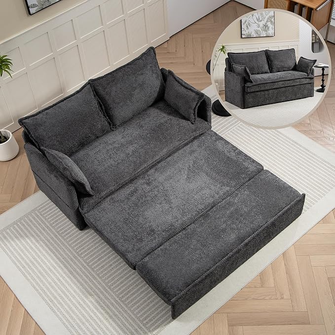 Furnimart 59.5" Queen Size Pull Out Sofa Bed, 3 in 1 Convertible Sleeper Bed with USB/C-Type Charging Ports & Side Pockets, Modern Futon Couch for Living Room, Apartment, RV, Corduroy Dark Grey