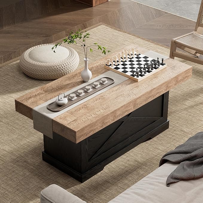 Coffee Table 39 in Rustic Center Table with X-Design Wooden Pedestal for Living Room, Space Saving, Easy Assembly Rectangle Home Office Tea Accent Table for Apartment, Dark Oak Black