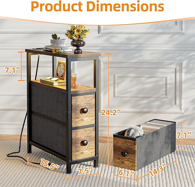 TIQLAB End Table with Charging Station, Narrow Side Table with 2 Fabric Drawers, Nightstand with LED Light, Slim Bedside Table for Bedroom, Living Room, Small Spaces, Brown