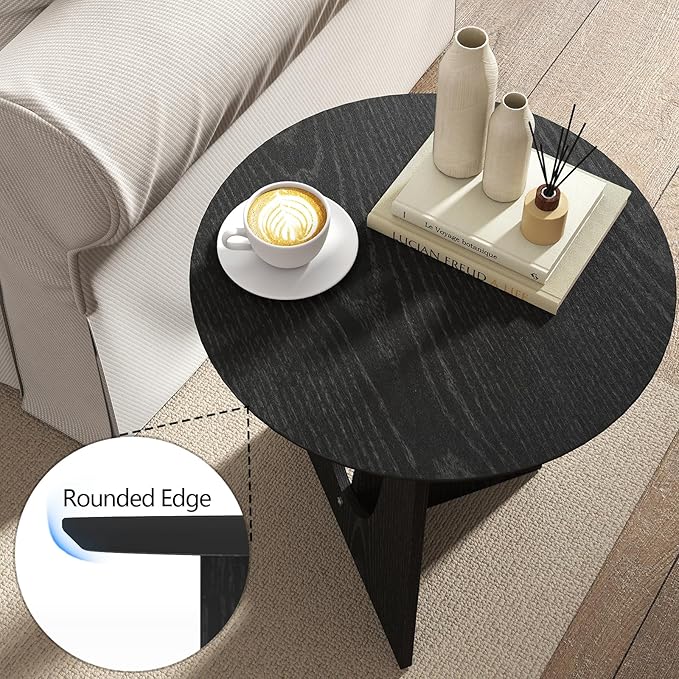 Round Black Side Table, Unique End Table and Small Coffee Table for Living Room, Balcony Room