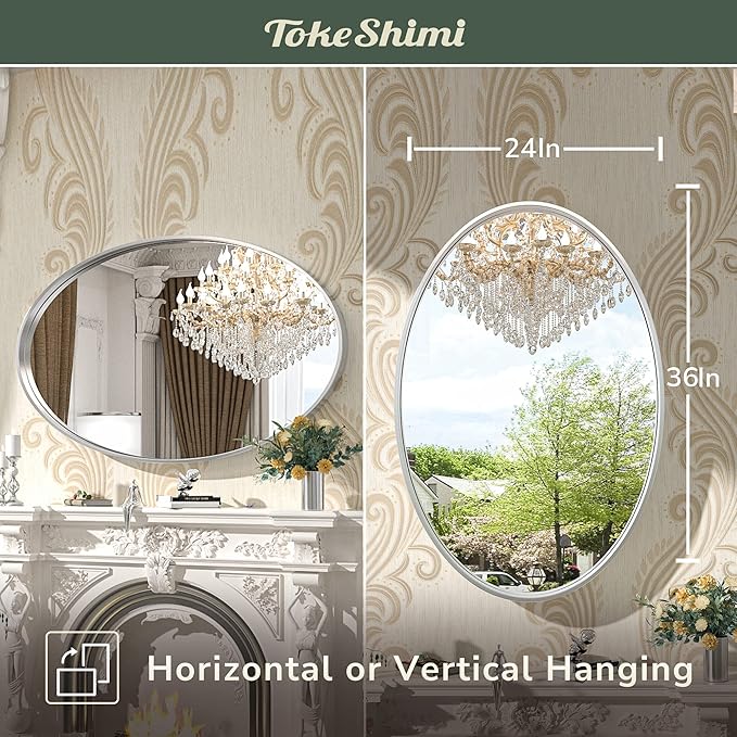 TokeShimi Oval Mirrors for Wall Decor 24x36 Inch with Non-Rusting Aluminum Alloy Brushed Silver Matte Framed Wall Mounted for Bathroom, Entryway, Living Room, Bedroom,Vanity or Horizontal