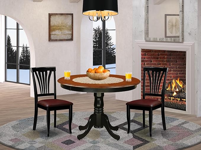 East West Furniture HLAV3-BCH-LC 3 Piece Dinette Set for Small Spaces Contains a Round Dining Table with Pedestal and 2 Faux Leather Dining Room Chairs, 42x42 Inch, Black & Cherry
