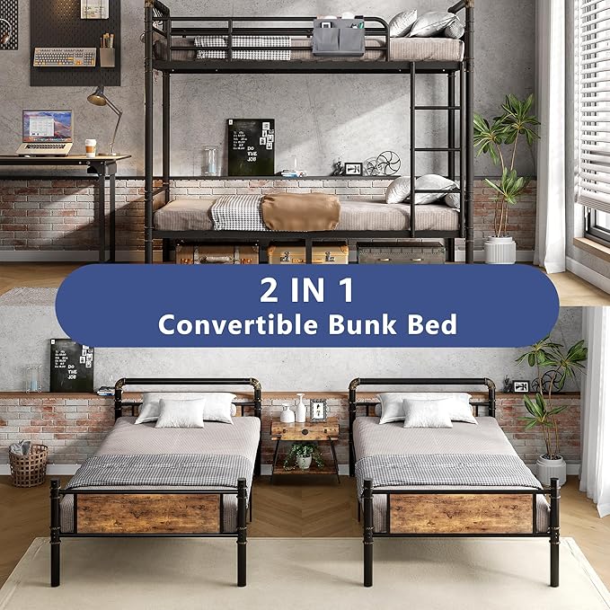 Metal Bunk Bed Twin Over Twin, Industrial Bunkbeds Heavy Duty Bed with Safety Guard Rails and Space-Saving Design, Steel Bed for School, Bedroom (Vintage Brown)