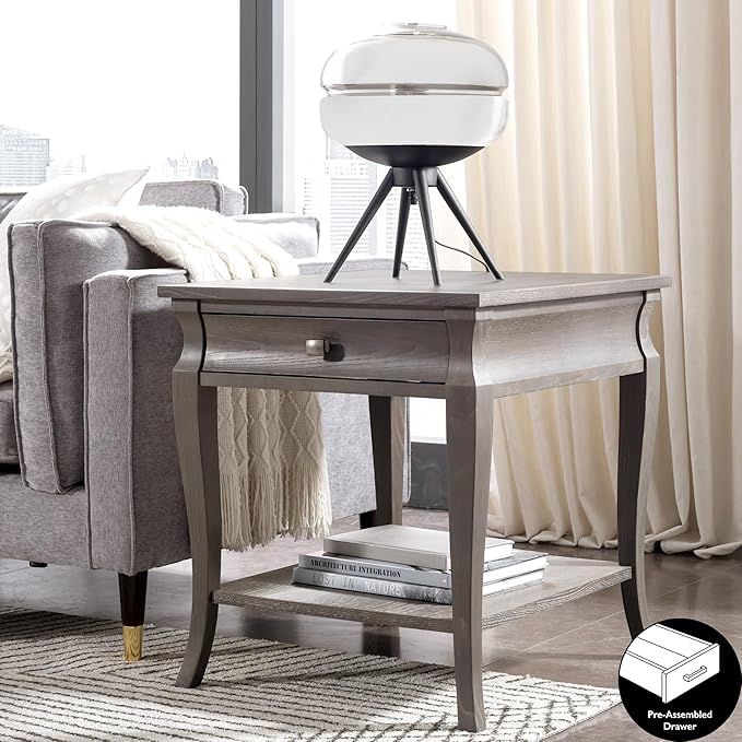 Leick Home Luna End Table, 1 Drawer, Display Shelf, Solid Wood, Easy Assembly, Gray Wash, 24in D x 22in W x 24in H, 11607-GW