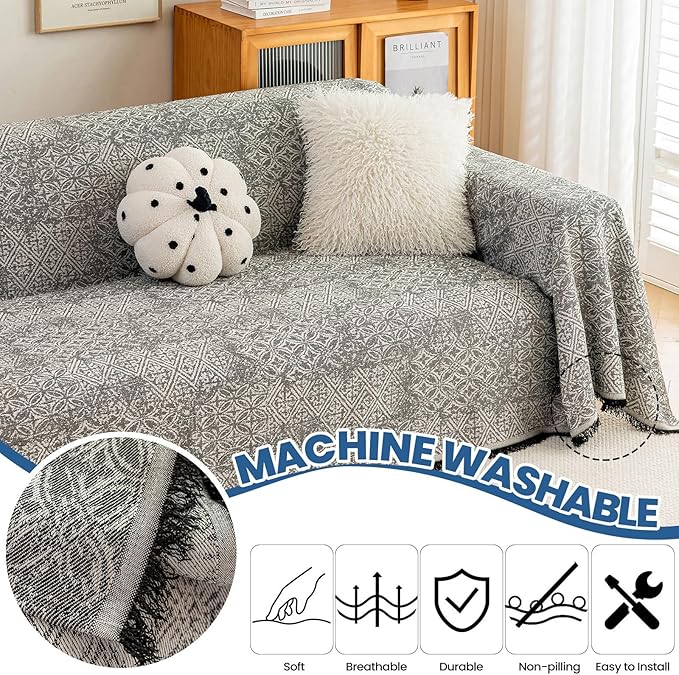 STACYPIK Geometric Pattern Sofa Cover Blanket, Black Couch Throw for Living Room, Couch Covers for Dogs, Washable Furniture Protector for 3 Cushion Sofa with Tassel, Anti-Slip Throw Cover-71X134IN