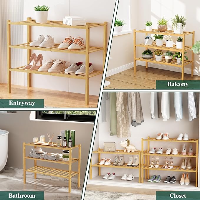 Smiry Shoe Rack, 5 Tier Bamboo Shoe Organizer, Stackable Free Standing Wooden Shoe Storage Shelf for Closet, Entryway, Front Door Entrance, Natural Bamboo