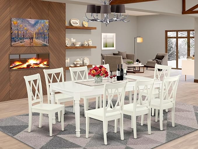 East West Furniture DOCL9-LWH-W 9 Piece Dining Table Set Includes a Rectangle Dinner Table with Butterfly Leaf and 8 Dining Room Chairs, 42x78 Inch, Linen White