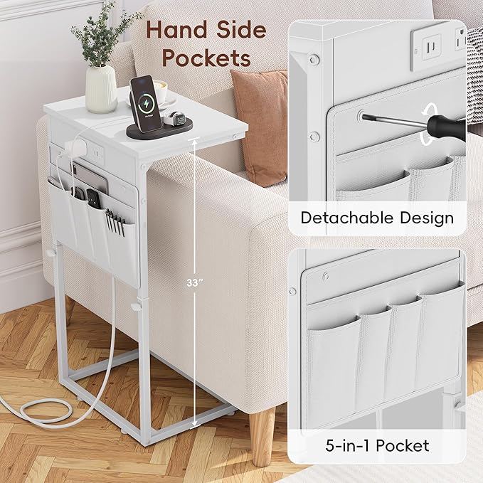 Vagusicc C Shaped End Table with Charging Station, Adjustable Height Side Table for Couch, Sofa Table Laptop Couch Side Tables, Slide Under Sofa TV Tray Arm C Tables for Living Room Bedroom, White