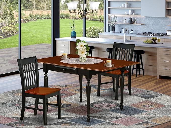 East West Furniture MZNO3-BCH-W 3 Piece Dining Table Set for Small Spaces Contains a Rectangle Dining Room Table with Dropleaf and 2 Wooden Seat Chairs, 36x54 Inch, Black & Cherry