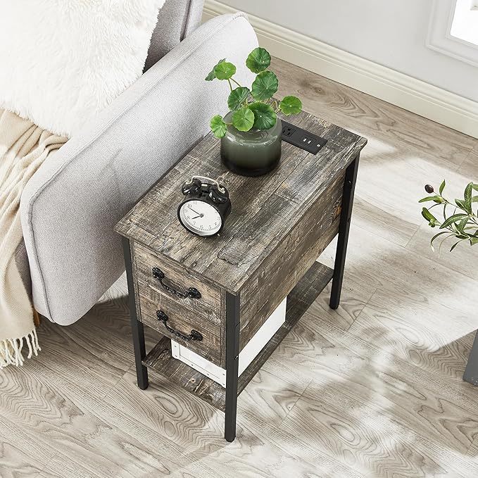 VECELO End Tables,Narrow Nightstands with Charging Station & USB Ports &Drawers,Night Stand for Living Room, Bedroom,Misty Gray