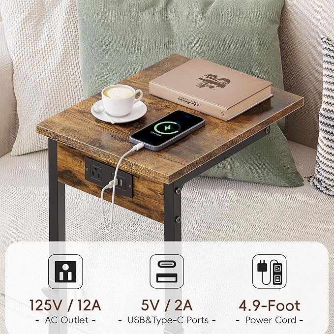 Vagusicc C Shaped End Table with Charging Station, 33" Tall Side Table for Couch, C Table Adjustable Height Small Couch Side Table, Slide Under Sofa Table TV Tray Table for Living Room, Bedroom, Brown