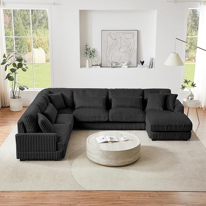 129" Oversized U Shaped Modular Sectional Sofa Couch for Living Room 7 Seater Plush Corduroy Upholstered Large Sofa Deep Seat Cloud Couch with Extra Wide Chaise Lounge and Detachable Thick Cushions
