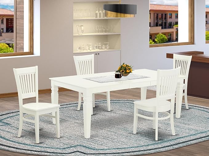 East West Furniture LGVA5-LWH-W 5 Piece Dining Set Includes a Rectangle Dining Room Table with Butterfly Leaf and 4 Kitchen Chairs, 42x84 Inch, Linen White