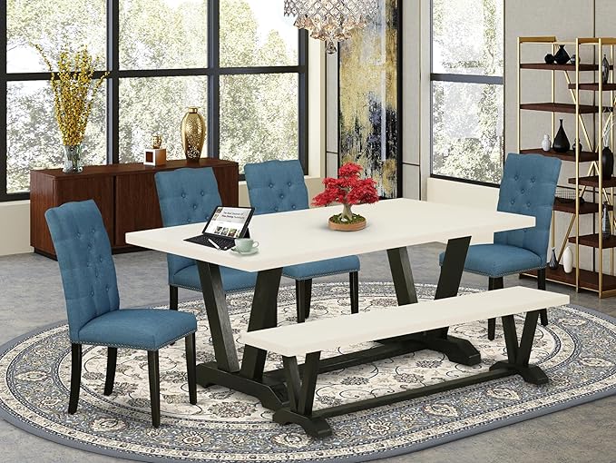 East West Furniture V627EL121-6 6 Piece Dining Table Set Contains a Rectangle Dining Room Table with V-Legs and 4 Blue Linen Fabric Parson Chairs with a Bench, 40x72 Inch, Multi-Color