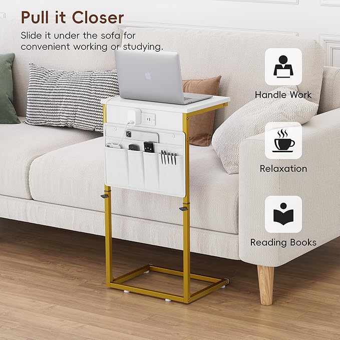Vagusicc C Shaped End Table with Charging Station, Adjustable Height Side Table for Couch, Sofa Tables Laptop Couch Side Desk, Slide Under Sofa TV Tray Arm C Table for Living Room Bedroom, Golden