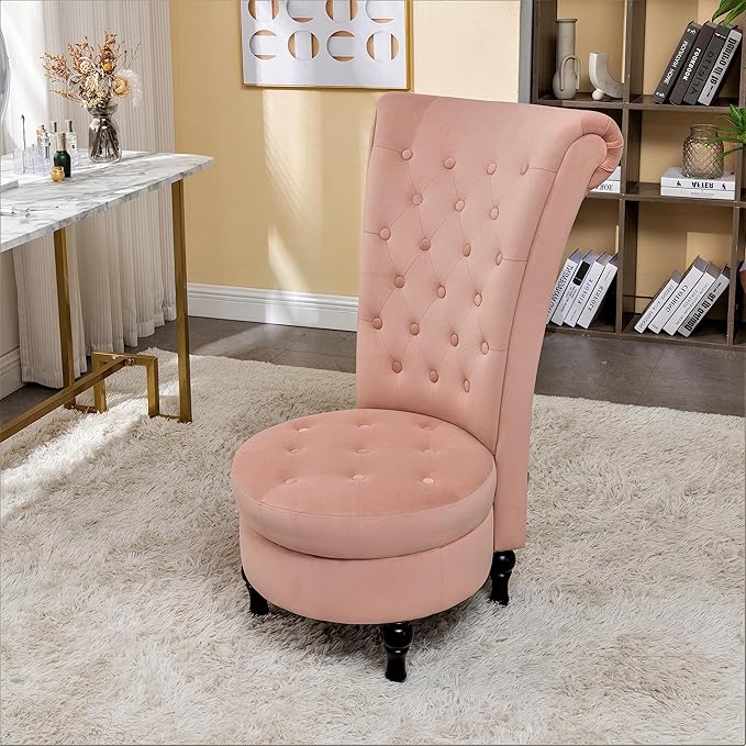 Container Furniture Direct Royal High-Back Velvet Accent Chair for Vanity with Storage and Luxurious Upholstery, Retro Design and Versatile Usage for Living Room, Bedroom, Lounge and Office, Rose