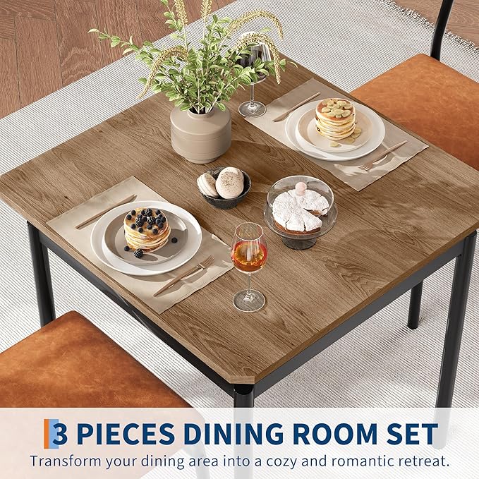 IDEALHOUSE 3 Piece Dining Room Table Set, Kitchen Table Set for 2 with Brown Wooden Grain Kitchen Table and 2 PU Upholstered Metal Chairs, Dining Room Set for Small Space,Home Dinner(2 Brown Chairs)