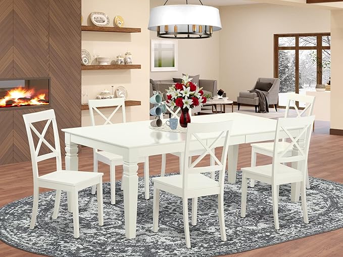 East West Furniture LGBO7-LWH-W 7 Piece Kitchen Table Set Consist of a Rectangle Dining Table with Butterfly Leaf and 6 Dining Room Chairs, 42x84 Inch, Linen White