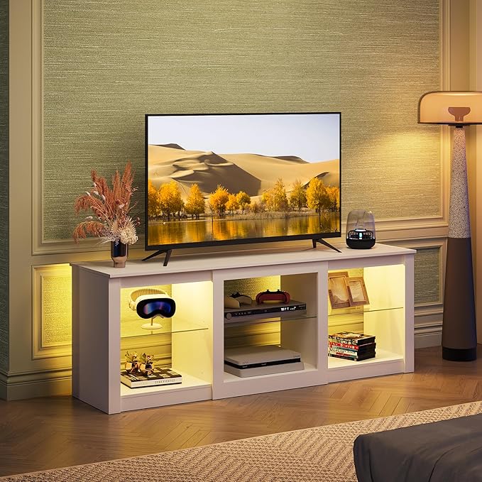 WLIVE LED TV Stand for 65 Inch TV, Modern Entertainment Center with Adjustable Glass Shelves & Customizable LED Lights, Sturdy Media Console for Living Room, Bedroom,Gaming (White)