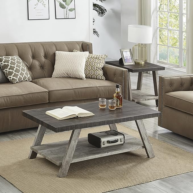 Roundhill Furniture Athens Contemporary 3-Piece Wood Shelf Coffee Table Set, Weathered Walnut and Gray